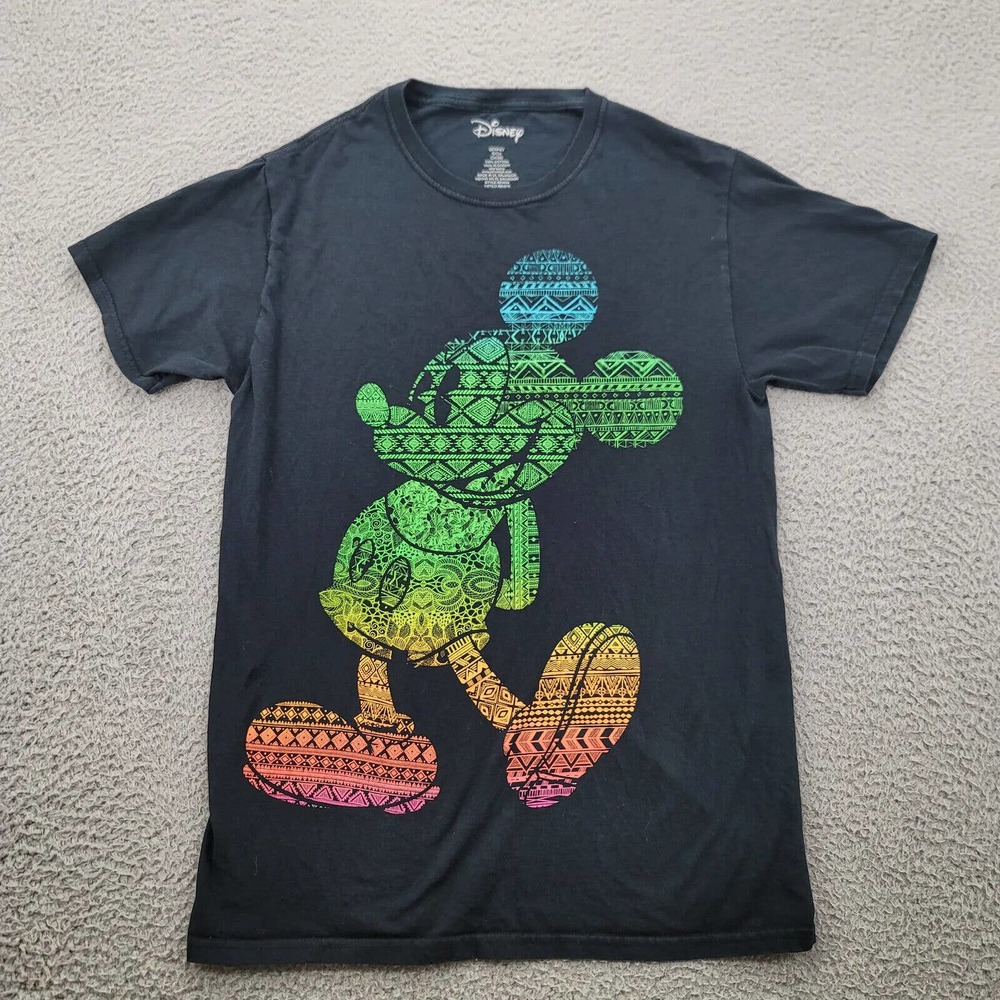 Disney Mickey Mouse Shirt Mens Small Black Multicolor Rainbow Graphic Tee Aztec